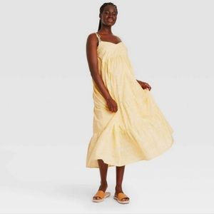 The Nines by Hatch Yellow Tiered Cotton Midi Spaghetti Strap Maternity Dress
